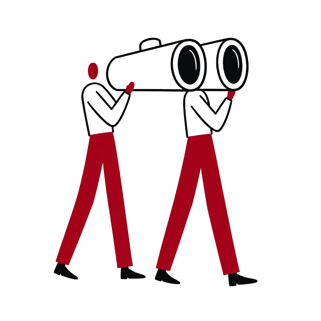 Two creatives sharing one pair of binoculars